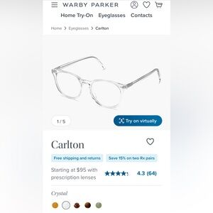Warby Parker Carlton frames in Crystal excellent condition